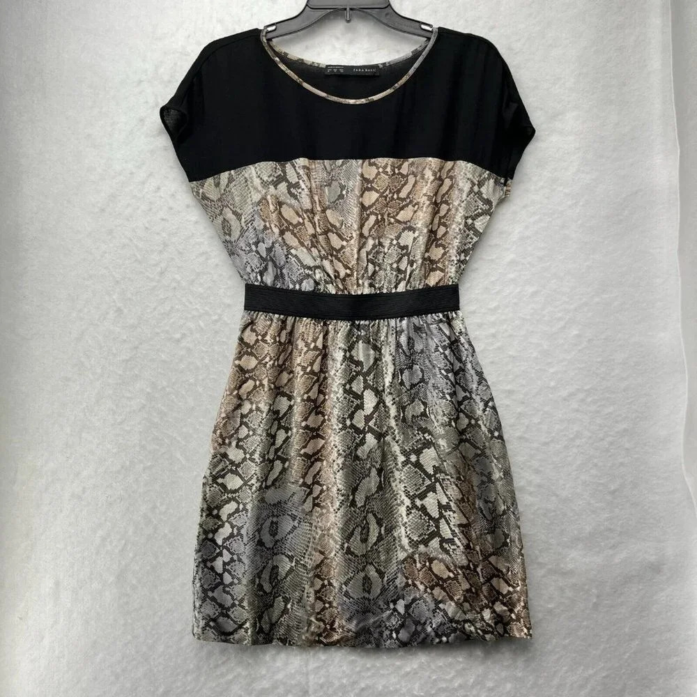 Zara Basic Dress Women's M Brown Black Snake Print Round Neck Elastic Waist Mini - Picture 1 of 8